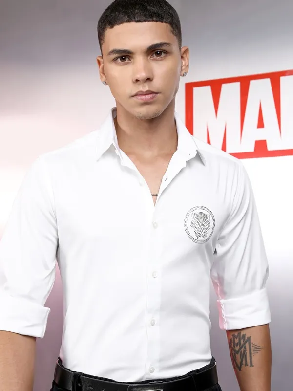 Marvel By Highlander Men White Black Panther Solid Slim Fit Casual Shirt