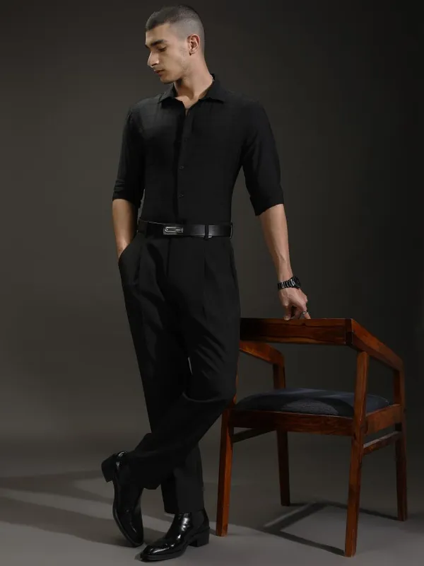 Highlander Men Black Textured Relaxed Fit Casual Shirt