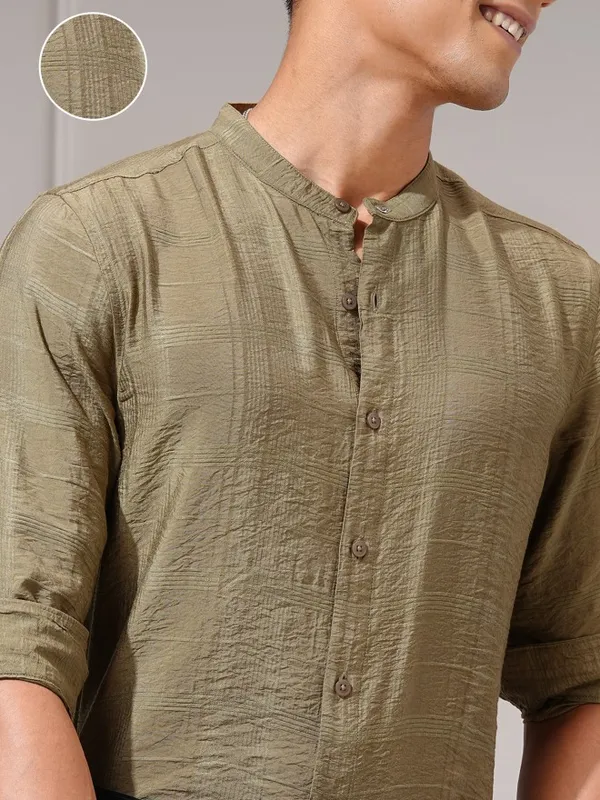 Highlander Men Beige Self Design Regular Fit Casual Shirt