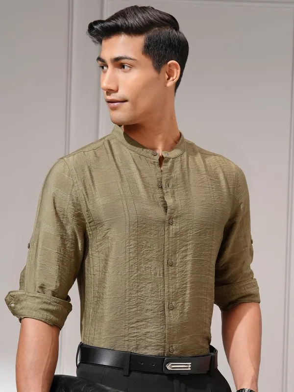 Highlander Men Beige Self Design Regular Fit Casual Shirt