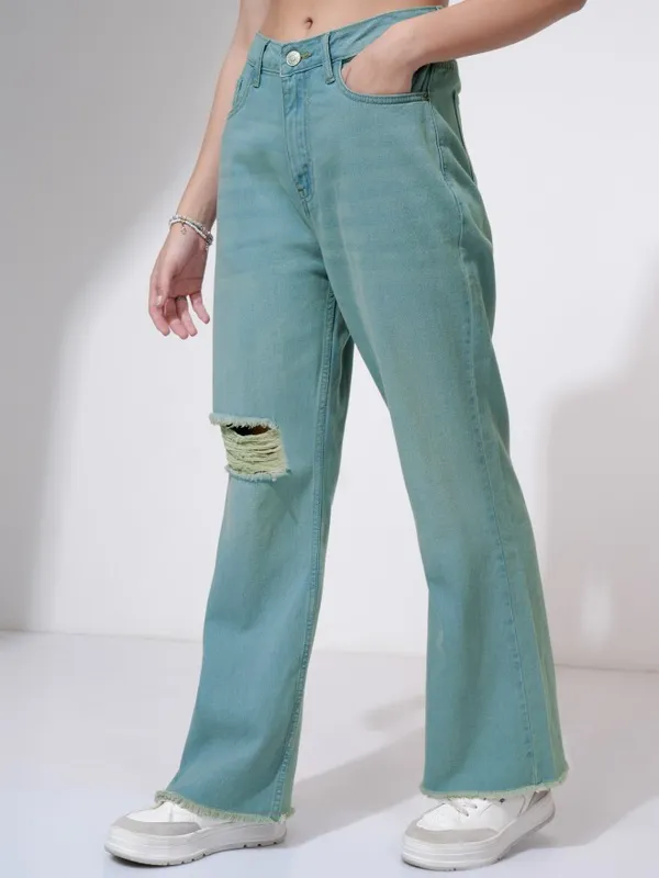 Tokyo Talkies Women Blue Flared Highly Distressed Jeans