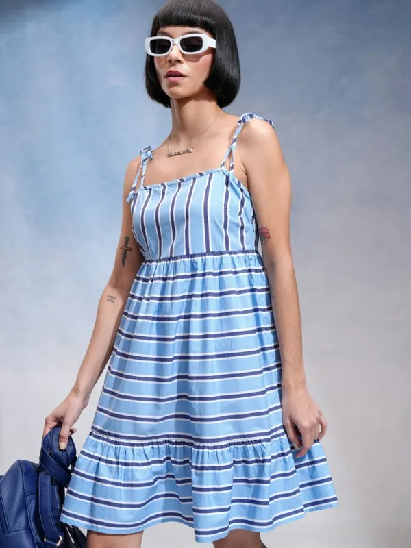 Tokyo Talkies Women Blue Striped A-Line Dress