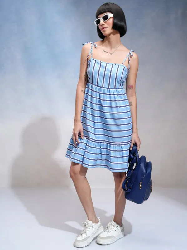 Tokyo Talkies Women Blue Striped A-Line Dress
