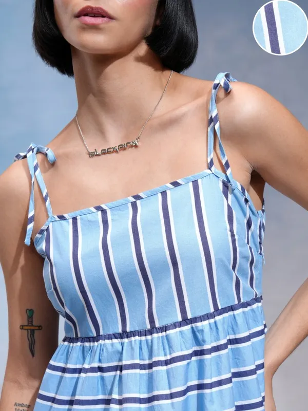 Tokyo Talkies Women Blue Striped A-Line Dress