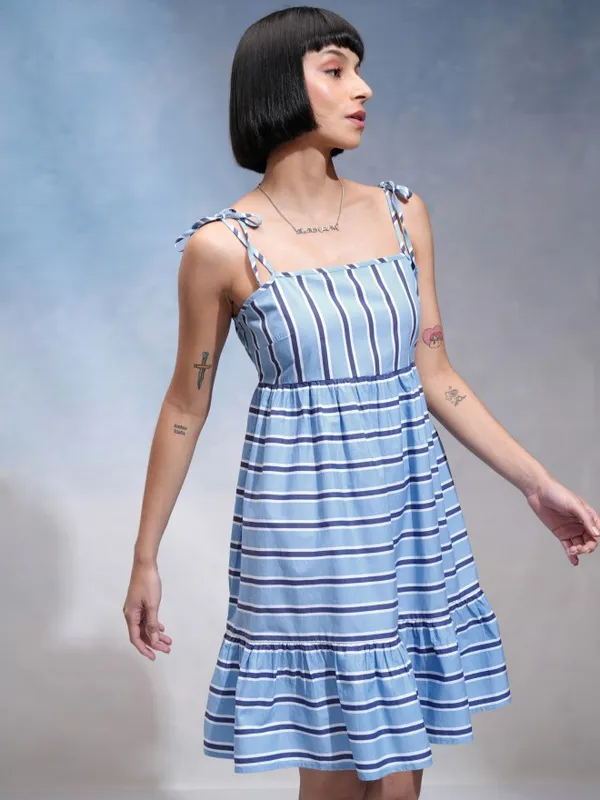 Tokyo Talkies Women Blue Striped A-Line Dress
