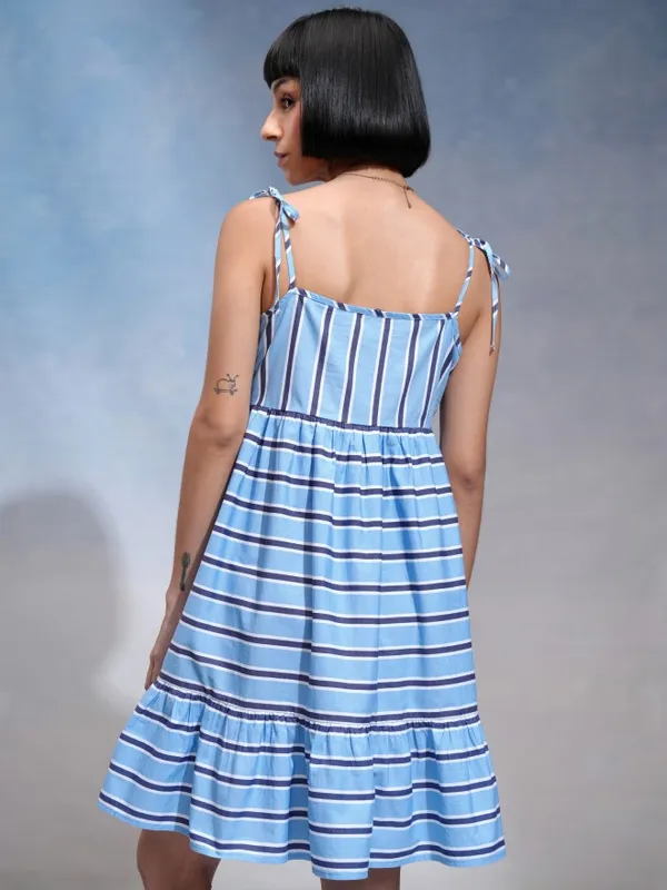 Tokyo Talkies Women Blue Striped A-Line Dress