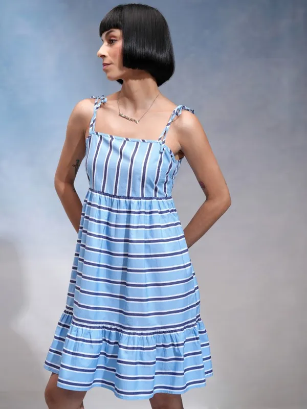 Tokyo Talkies Women Blue Striped A-Line Dress