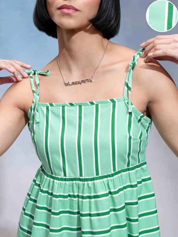 Tokyo Talkies Women Green Striped A-Line Dress