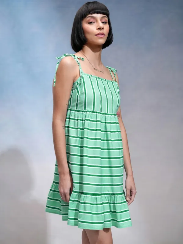 Tokyo Talkies Women Green Striped A-Line Dress