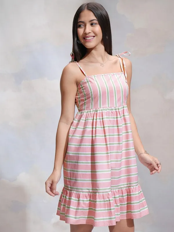 Tokyo Talkies Women Pink Striped A-Line Dress
