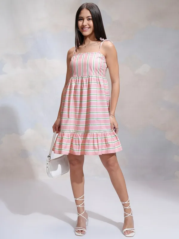 Tokyo Talkies Women Pink Striped A-Line Dress