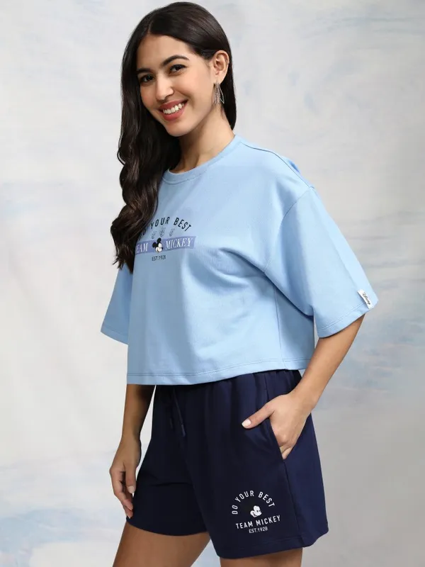 Disney By Tokyo Talkies Women Blue Mickey Mouse T-shirt With Short