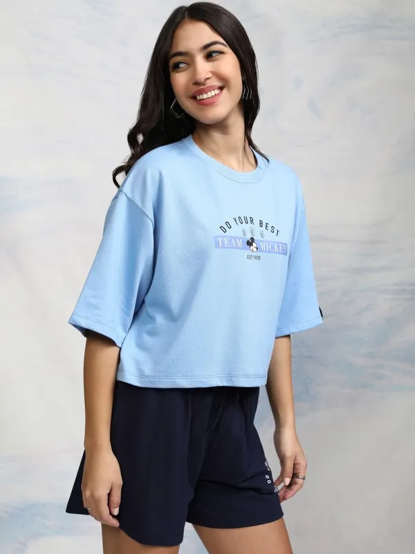 Disney By Tokyo Talkies Women Blue Mickey Mouse T-shirt With Short