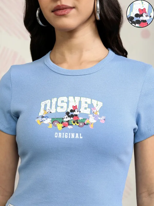 Disney By Tokyo Talkies Women Blue Mickey And Friends Printed Round Neck T-Shirt