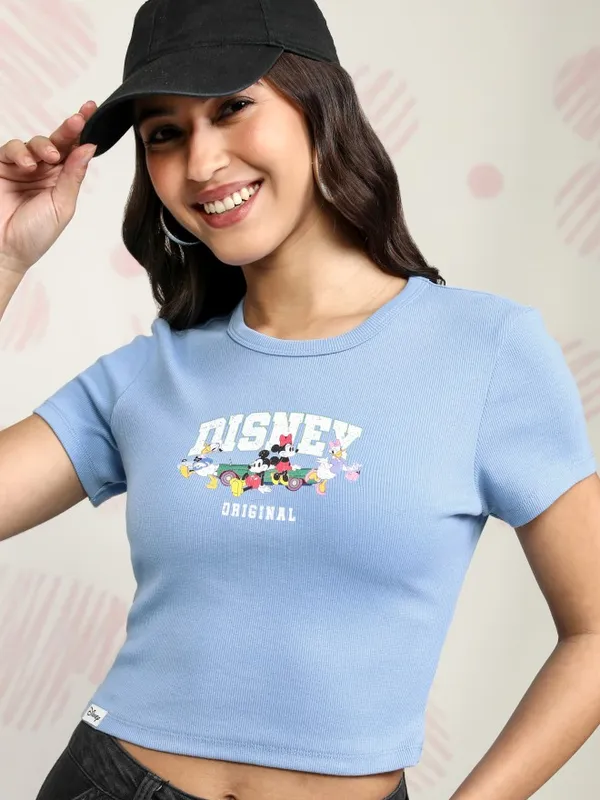Disney By Tokyo Talkies Women Blue Mickey And Friends Printed Round Neck T-Shirt