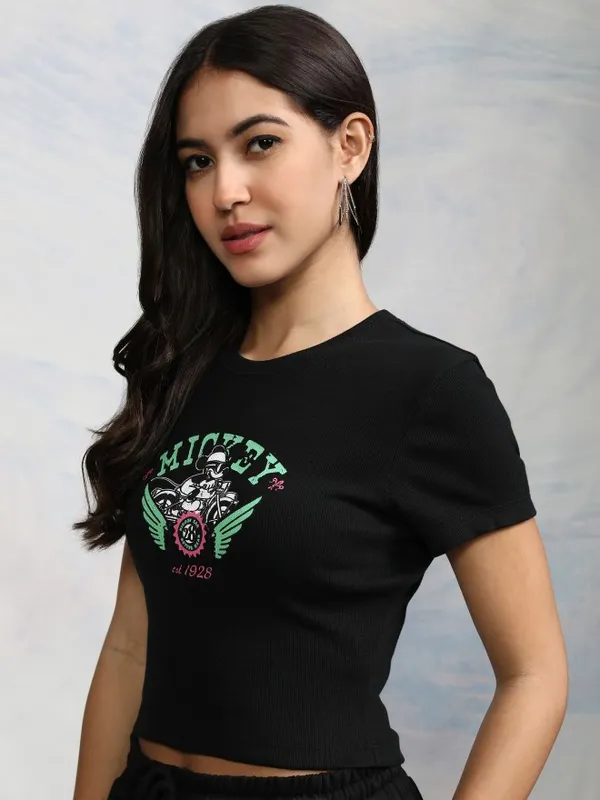 Disney By Tokyo Talkies Women Black Mickey Mouse Printed Round Neck T-Shirt