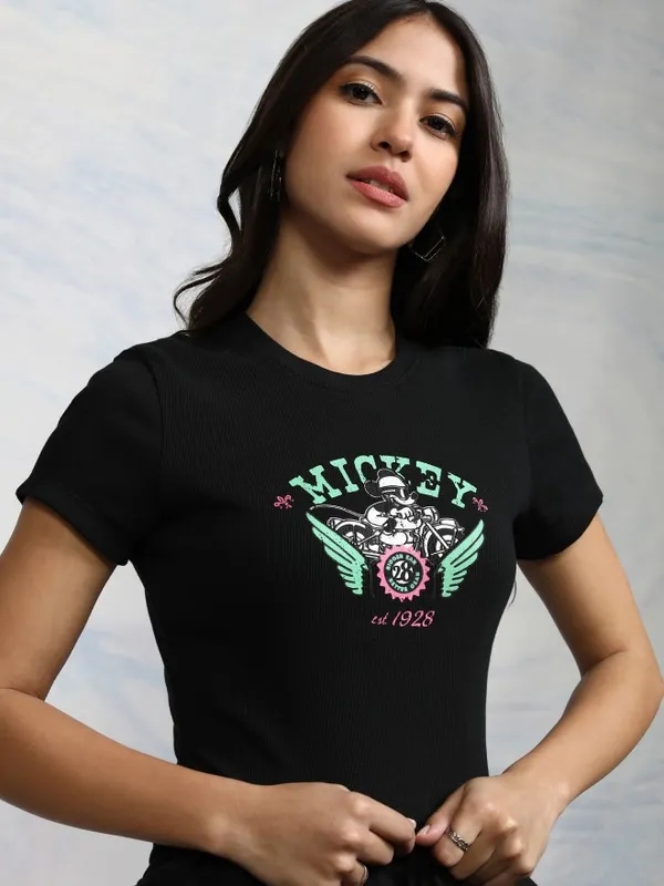 Disney By Tokyo Talkies Women Black Mickey Mouse Printed Round Neck T-Shirt