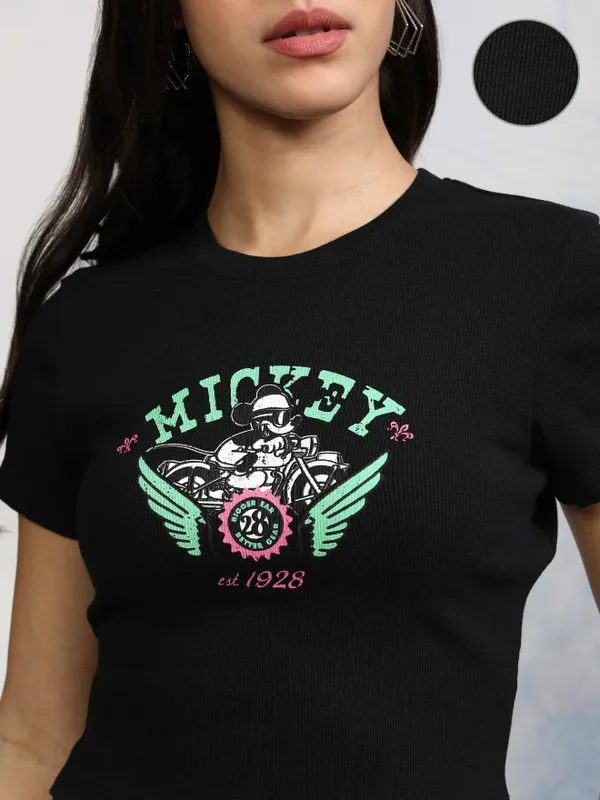 Disney By Tokyo Talkies Women Black Mickey Mouse Printed Round Neck T-Shirt