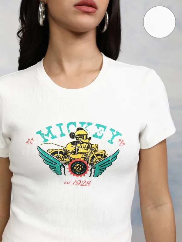 Disney By Tokyo Talkies Women White Mickey Mouse Printed Round Neck T-Shirt