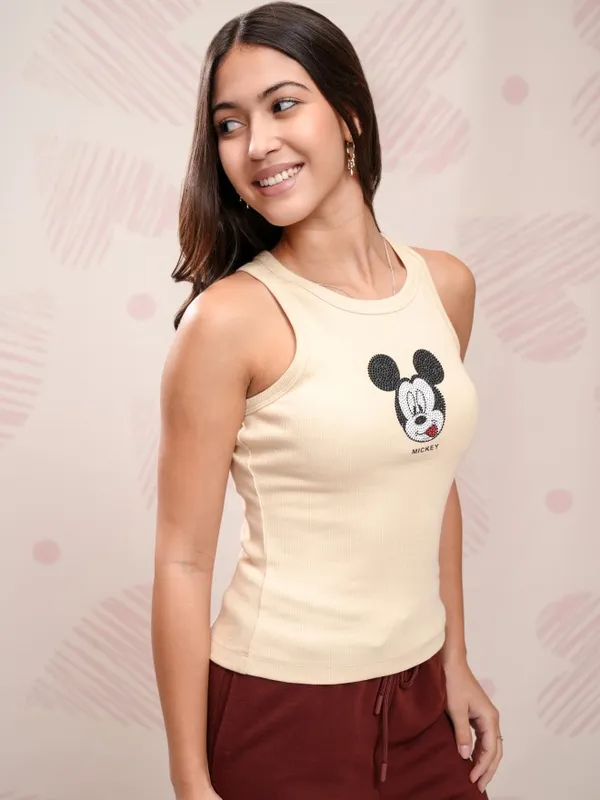 Disney By Tokyo Talkies Women Beige Mickey Mouse Embellished Fitted Top