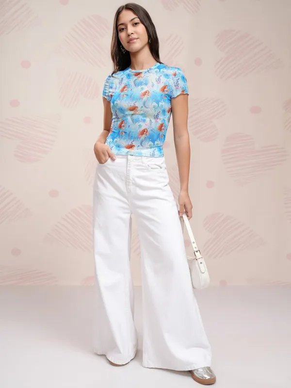 Disney By Tokyo Talkies Women Blue Mermaid Printed Round Neck T-Shirt