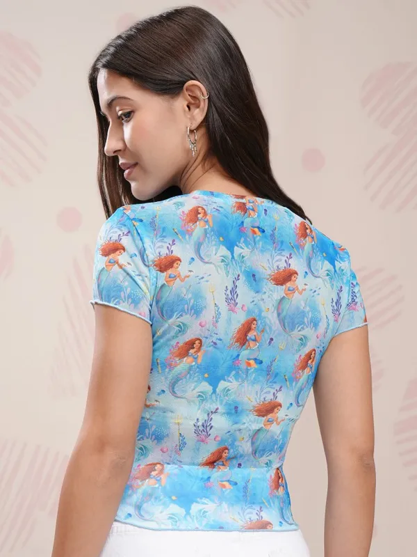 Disney By Tokyo Talkies Women Blue Mermaid Printed Round Neck T-Shirt