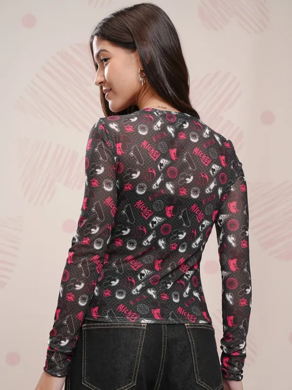 Disney By Tokyo Talkies Women Black Mickey Mouse Printed Fitted Top