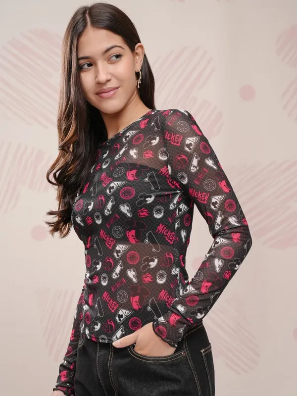 Disney By Tokyo Talkies Women Black Mickey Mouse Printed Fitted Top