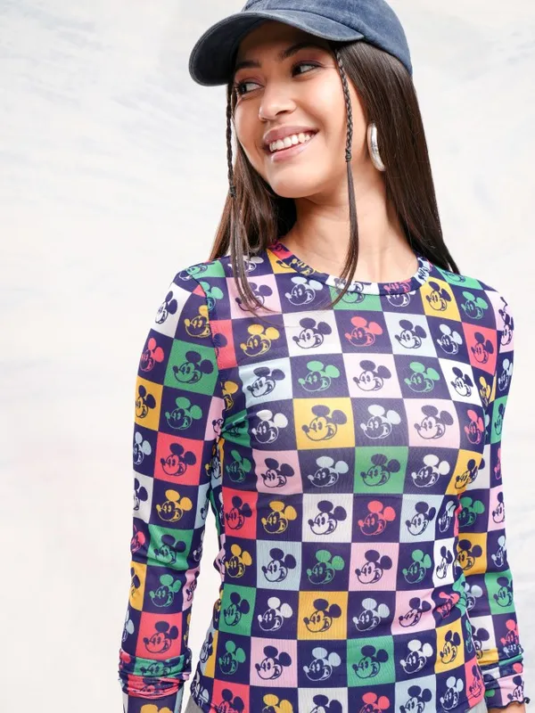 Disney By Tokyo Talkies Women Navy Blue Mickey Mouse Printed Fitted Top