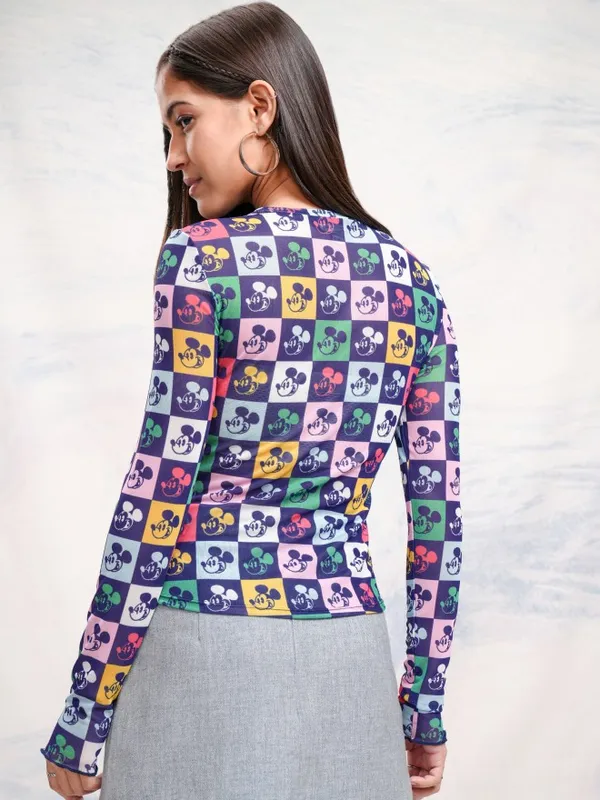 Disney By Tokyo Talkies Women Navy Blue Mickey Mouse Printed Fitted Top