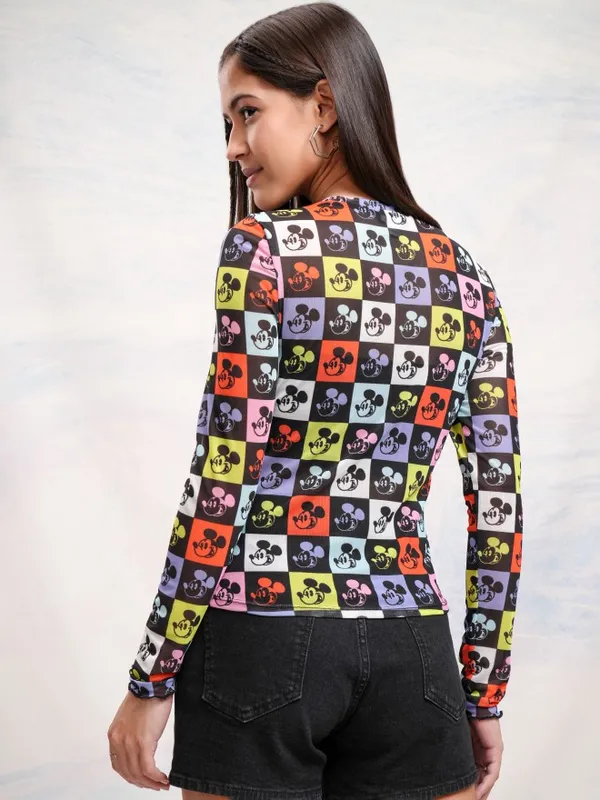 Disney By Tokyo Talkies Women Black Mickey Mouse Printed Fitted Top
