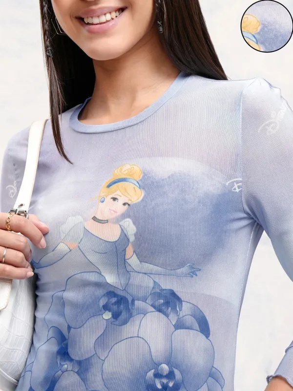 Disney By Tokyo Talkies Women Blue Cinderella Printed Fitted Top