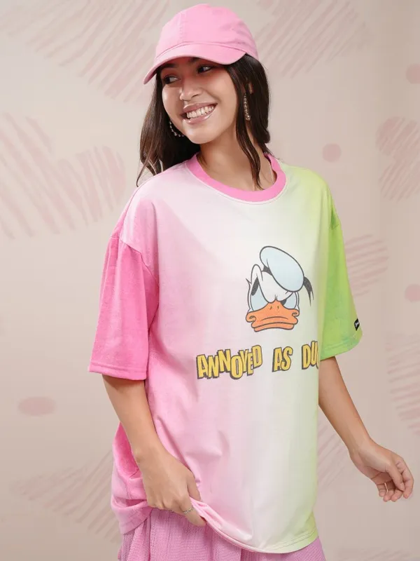 Disney By Tokyo Talkies Women Pink Donald Duck Printed Round Neck T-Shirt