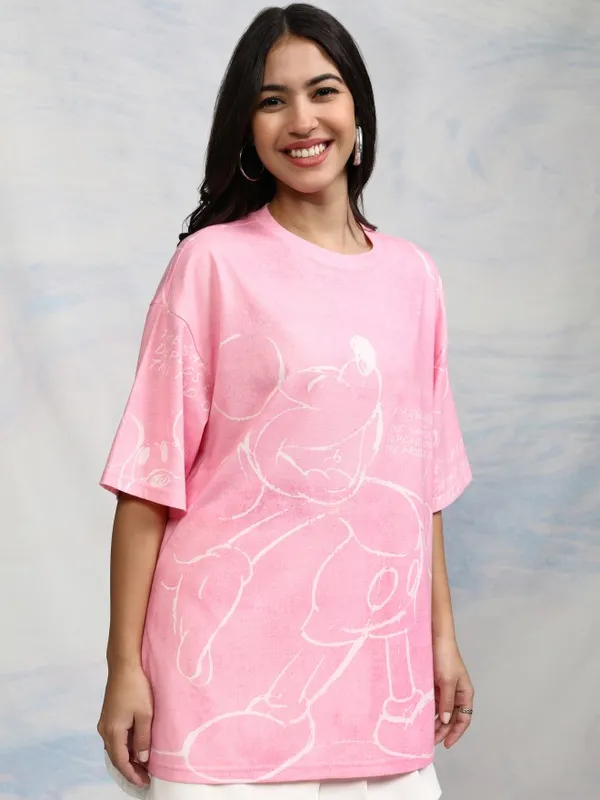 Disney By Tokyo Talkies Women Pink Mickey Mouse Printed Round Neck T-Shirt