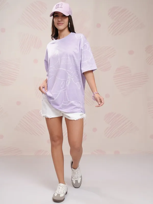 Disney By Tokyo Talkies Women Lavender Mickey Mouse Printed Round Neck T-Shirt