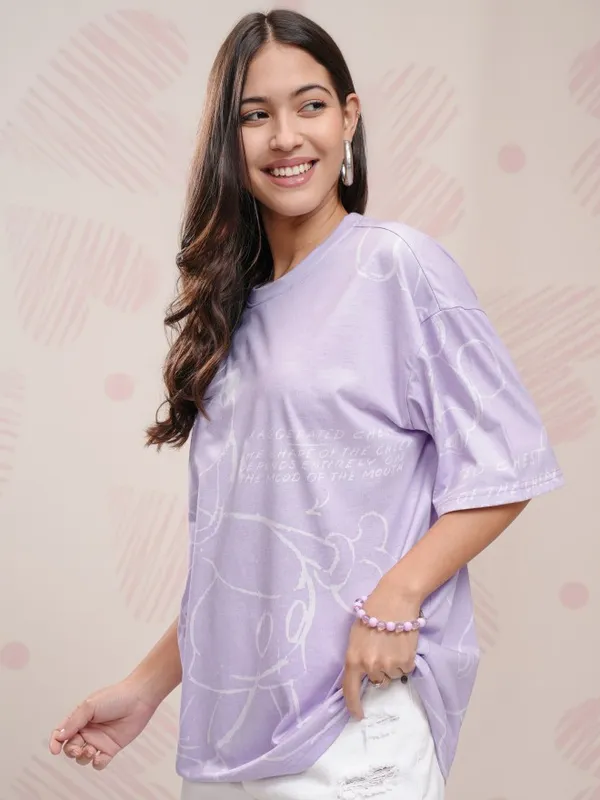 Disney By Tokyo Talkies Women Lavender Mickey Mouse Printed Round Neck T-Shirt