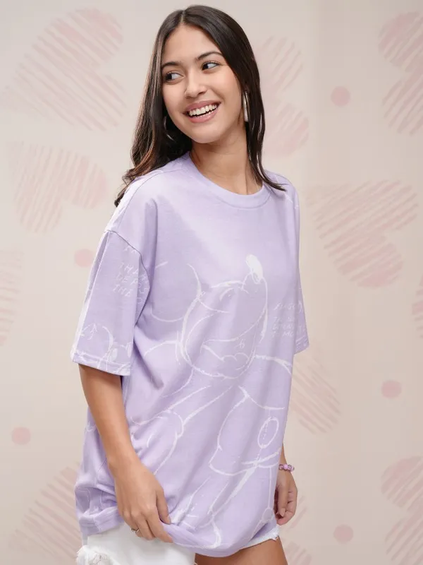Disney By Tokyo Talkies Women Lavender Mickey Mouse Printed Round Neck T-Shirt