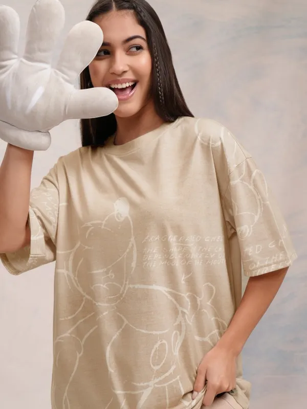 Disney By Tokyo Talkies Women Beige Mickey Mouse Printed Round Neck T-Shirt