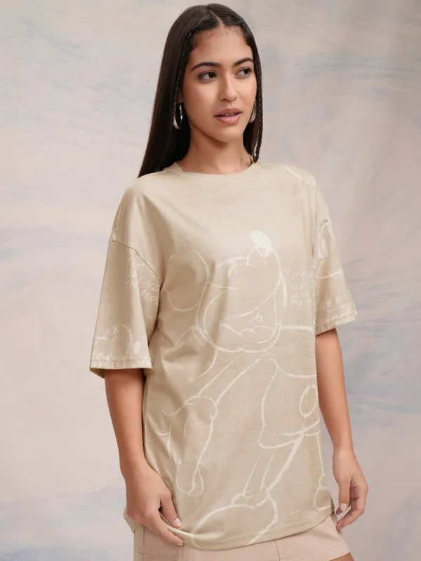 Disney By Tokyo Talkies Women Beige Mickey Mouse Printed Round Neck T-Shirt