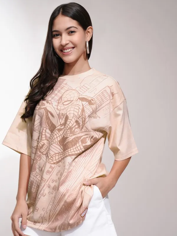 Marvel By Tokyo Talkies Women Peach Spider-Man Printed Round Neck T-Shirt