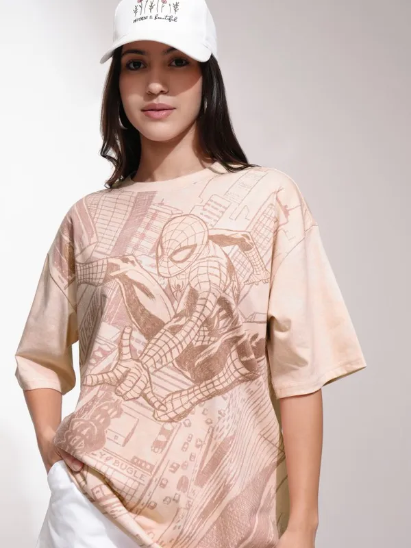 Marvel By Tokyo Talkies Women Peach Spider-Man Printed Round Neck T-Shirt