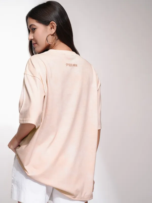 Marvel By Tokyo Talkies Women Peach Spider-Man Printed Round Neck T-Shirt