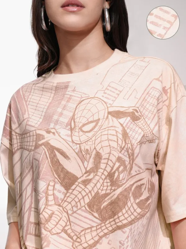 Marvel By Tokyo Talkies Women Peach Spider-Man Printed Round Neck T-Shirt