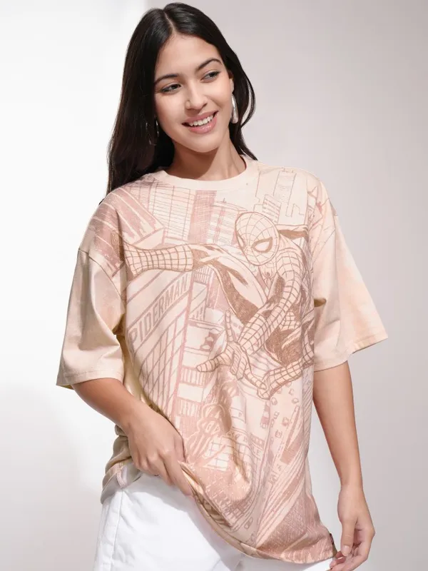 Marvel By Tokyo Talkies Women Peach Spider-Man Printed Round Neck T-Shirt