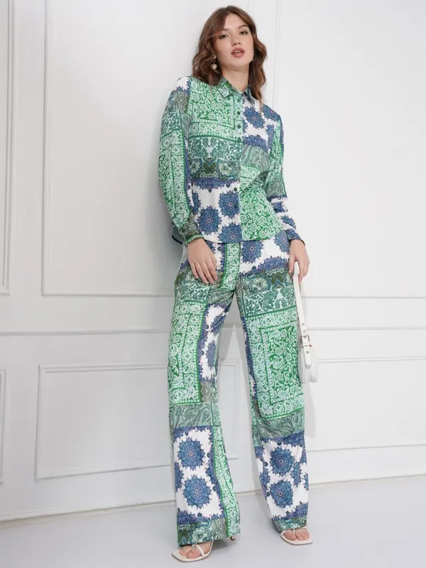 Tokyo Talkies Women Teal Shirt With Trousers Co-Ords