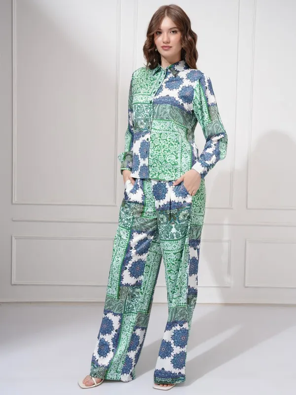 Tokyo Talkies Women Teal Shirt With Trousers Co-Ords