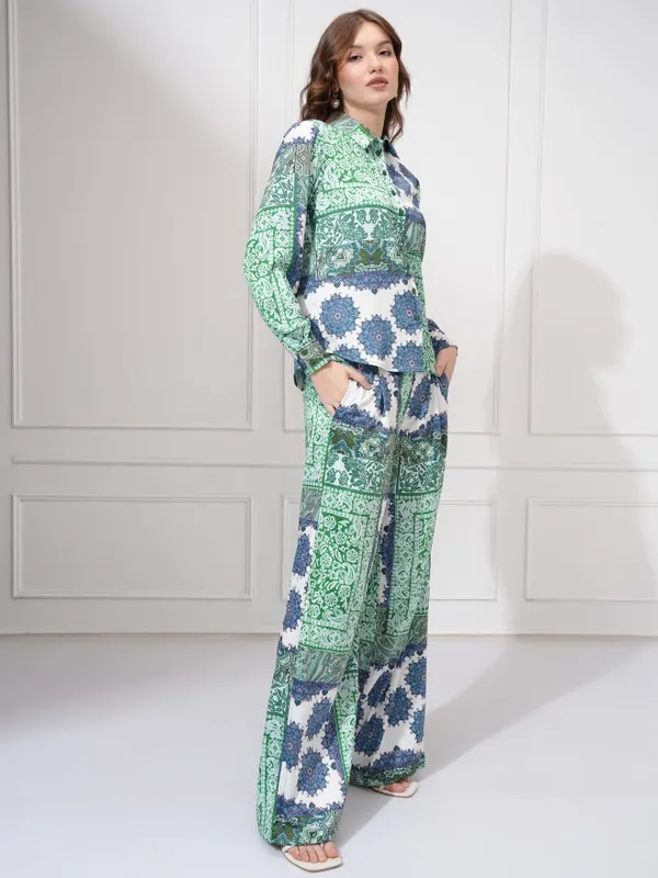 Tokyo Talkies Women Teal Shirt With Trousers Co-Ords