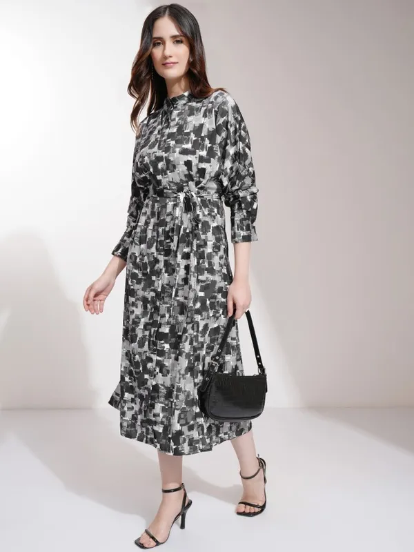 Tokyo Talkies Women Black Printed Fit and Flare Dress