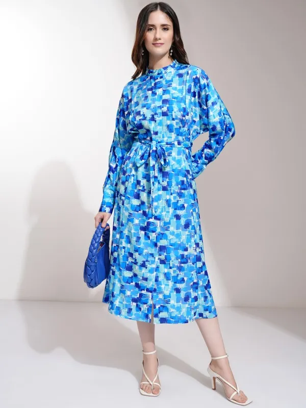 Tokyo Talkies Women Blue Printed Fit and Flare Dress