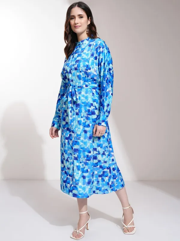 Tokyo Talkies Women Blue Printed Fit and Flare Dress